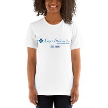 Load image into Gallery viewer, SHORT SLEEVE UNISEX T SHIRT- Lopez Studios, Inc. (established) Blue Logo
