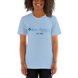 SHORT SLEEVE UNISEX T SHIRT- Lopez Studios, Inc. (established) Blue Logo