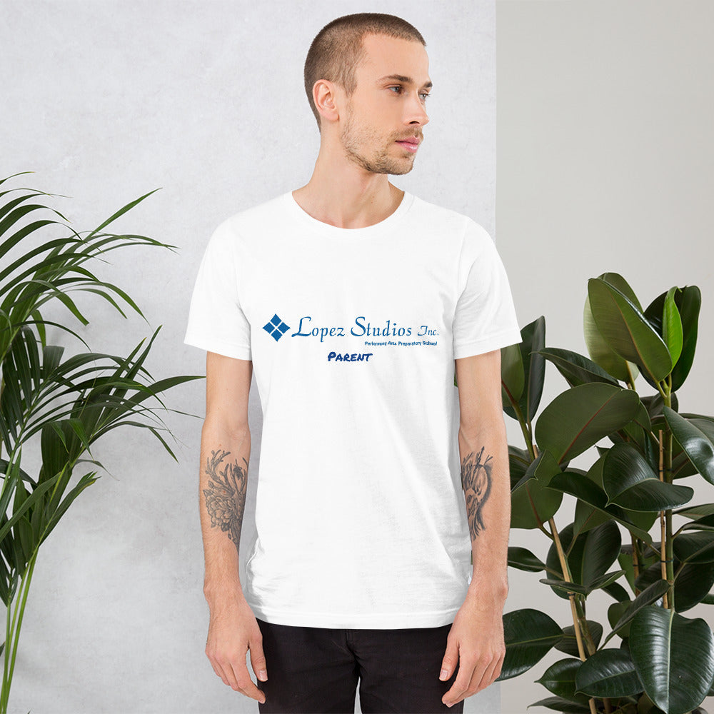 SHORT SLEEVE UNISEX T SHIRT- Lopez Studios, Inc. (parent) Blue Logo